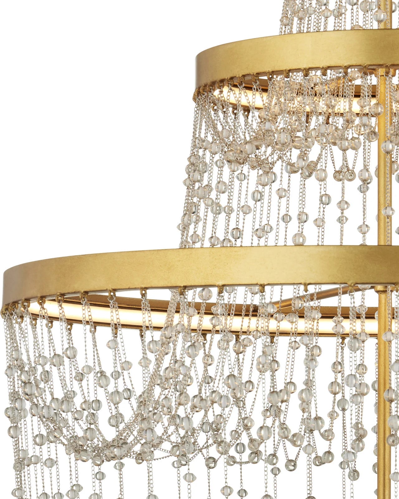 Focused shot of the upper chandelier rings revealing LED light integration and bead draping.