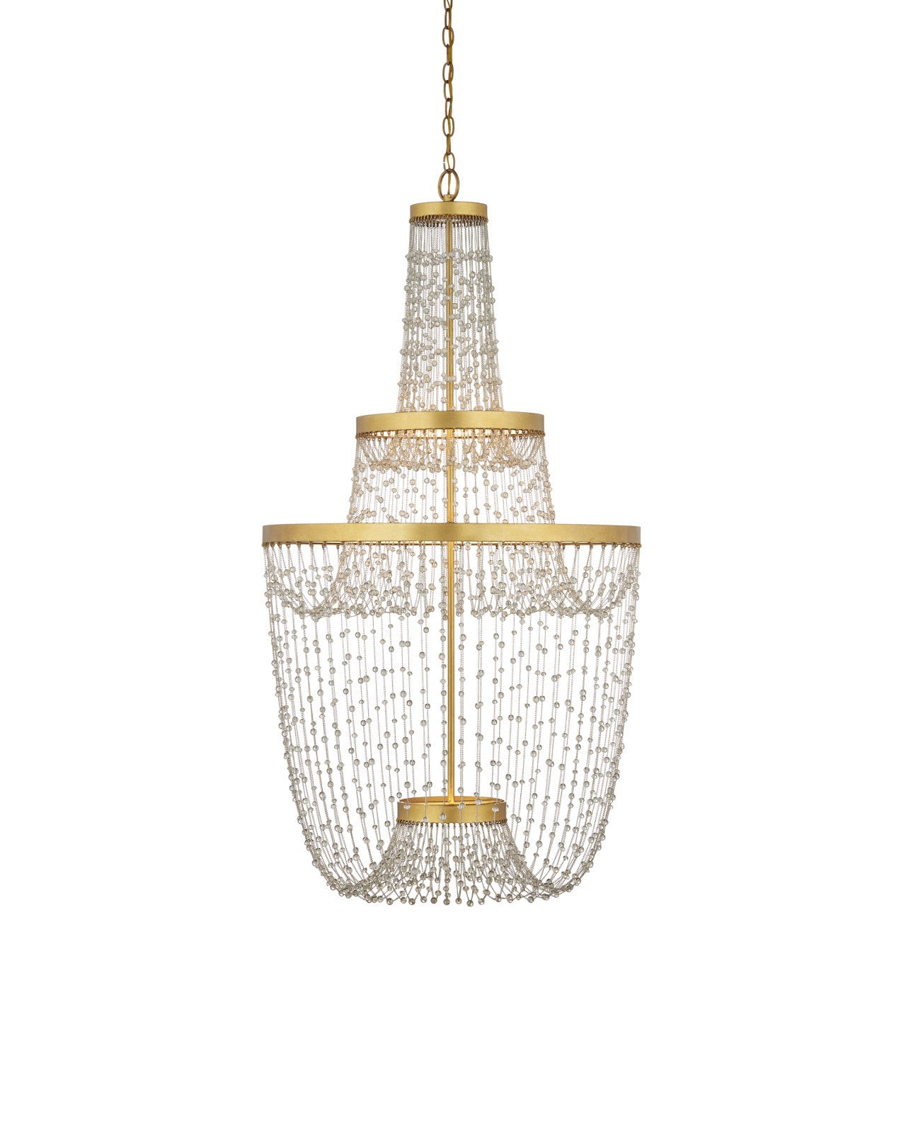 Side view of the chandelier in a high-ceiling room, capturing the sparkle and vertical impact of the design.