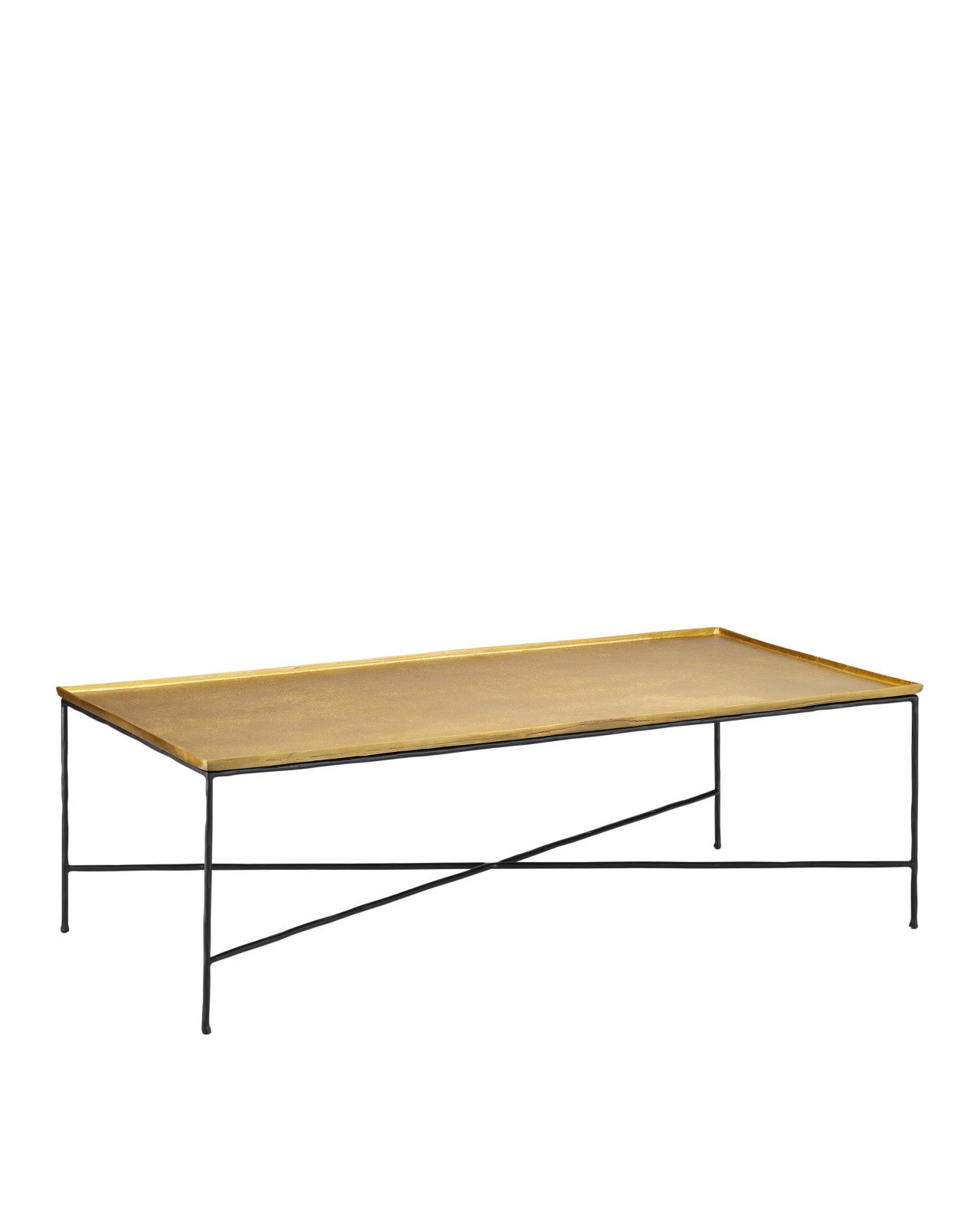 Angled perspective of the Boyles Brass Cocktail Table highlighting the contrast between its warm brass finish and matte black legs for a striking modern appeal.