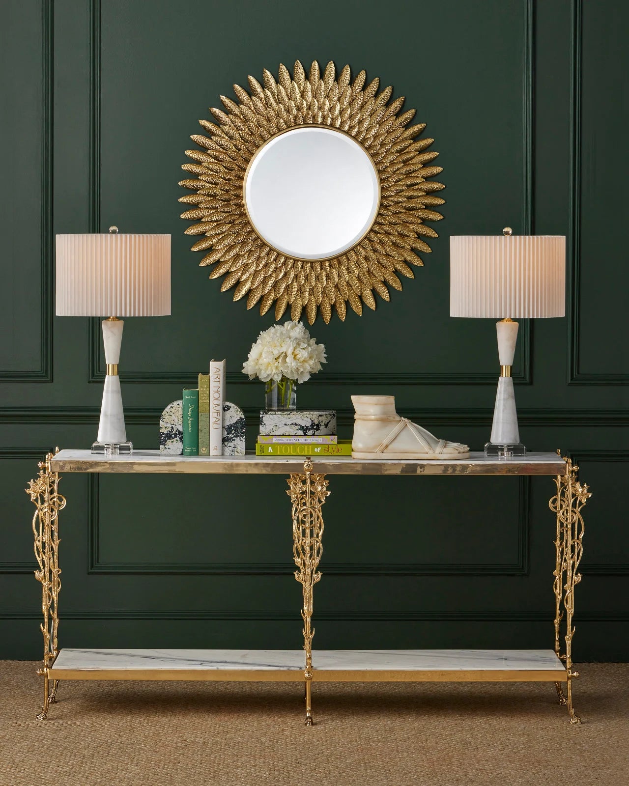 Plume Round Mirror, Lifestyle Image, Currey and Company, Round Mirror, Wall Mirror, Gold Mirror, 