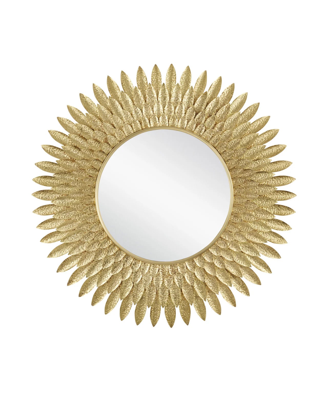 plume round mirror with brass feather frame by currey and company – 39 inch decorative wall mirror