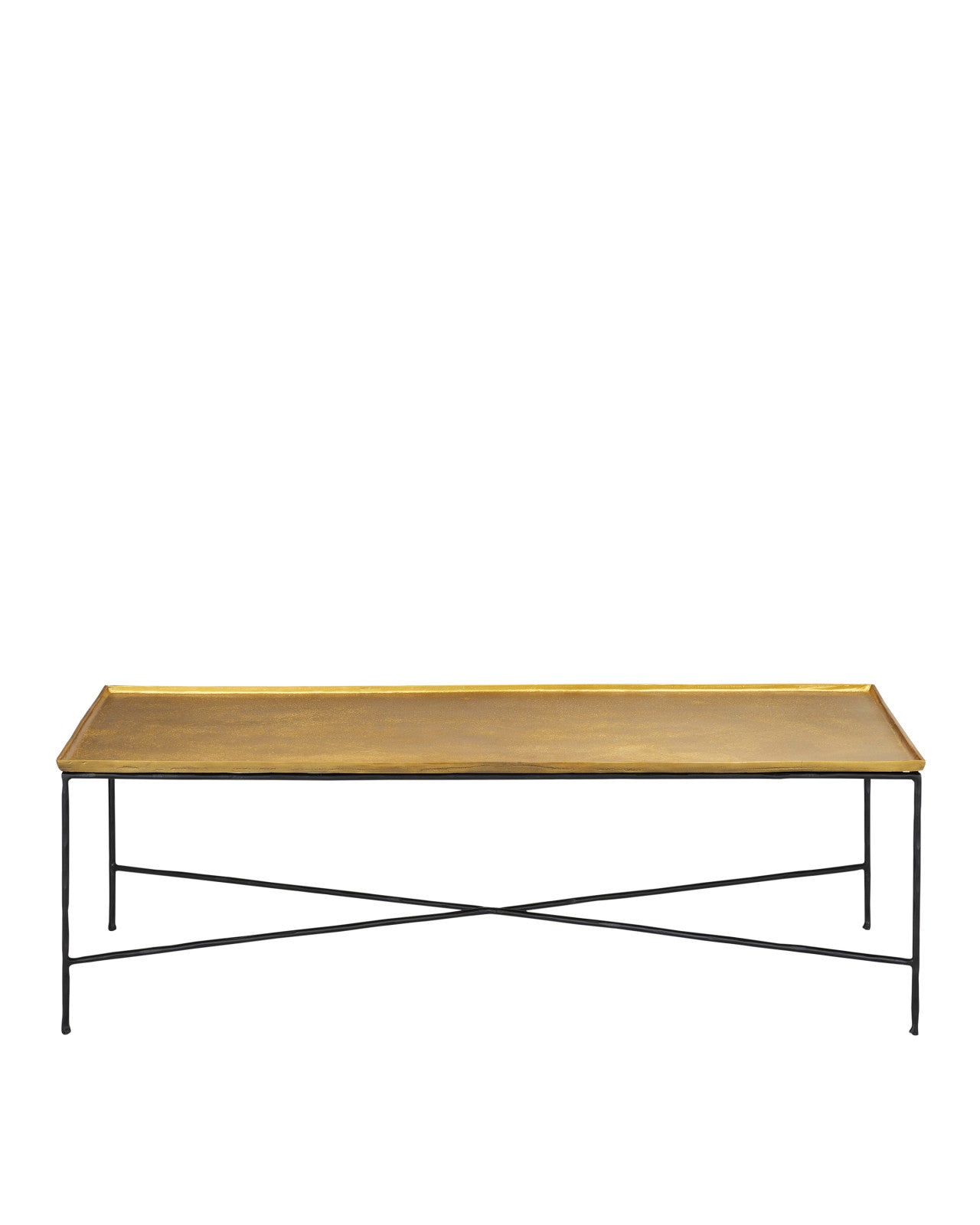 Side profile of the Boyles Brass Cocktail Table emphasizing its long rectangular form and slim black iron legs, ideal for spacious living rooms.