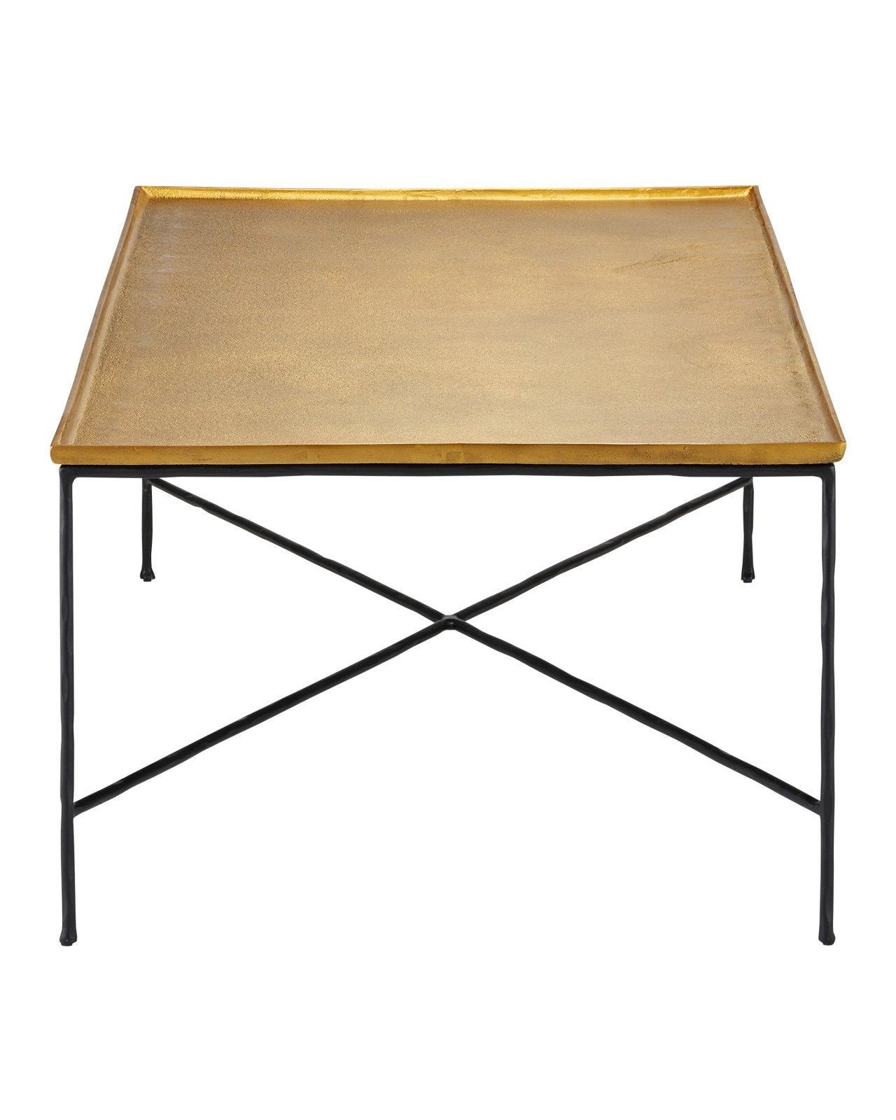 Front view of the Boyles Brass Cocktail Table showcasing its tray-like antique brass top and X-shaped black iron base, highlighting its modern-industrial silhouette.