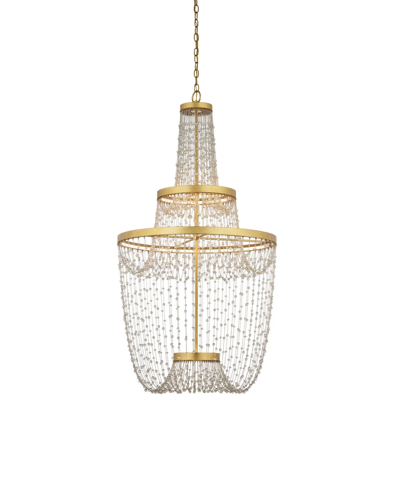 Full view of the Mademoiselle Chandelier with cascading crystal beads and contemporary gold rings in a tiered silhouette.