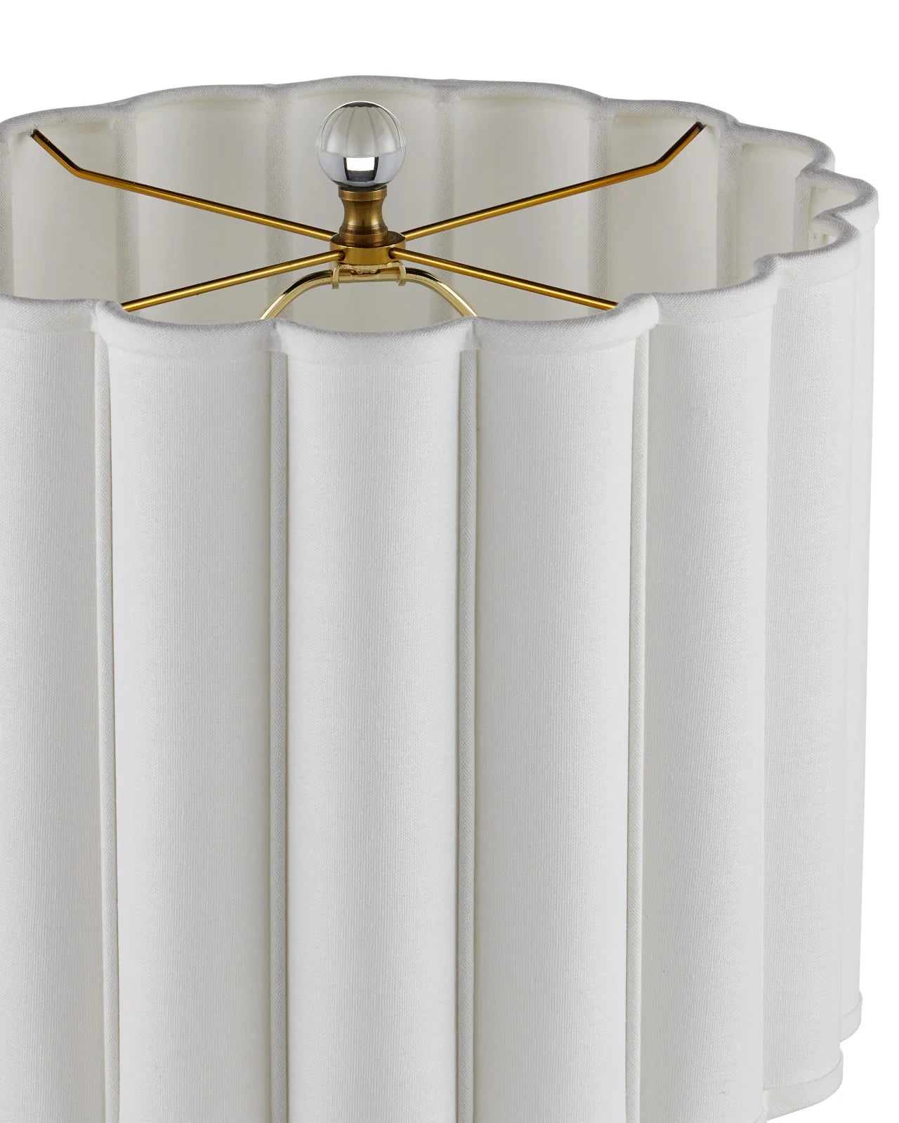 Top-down view of gold harp and clear optic crystal finial on the Celadon Crackle Table Lamp.