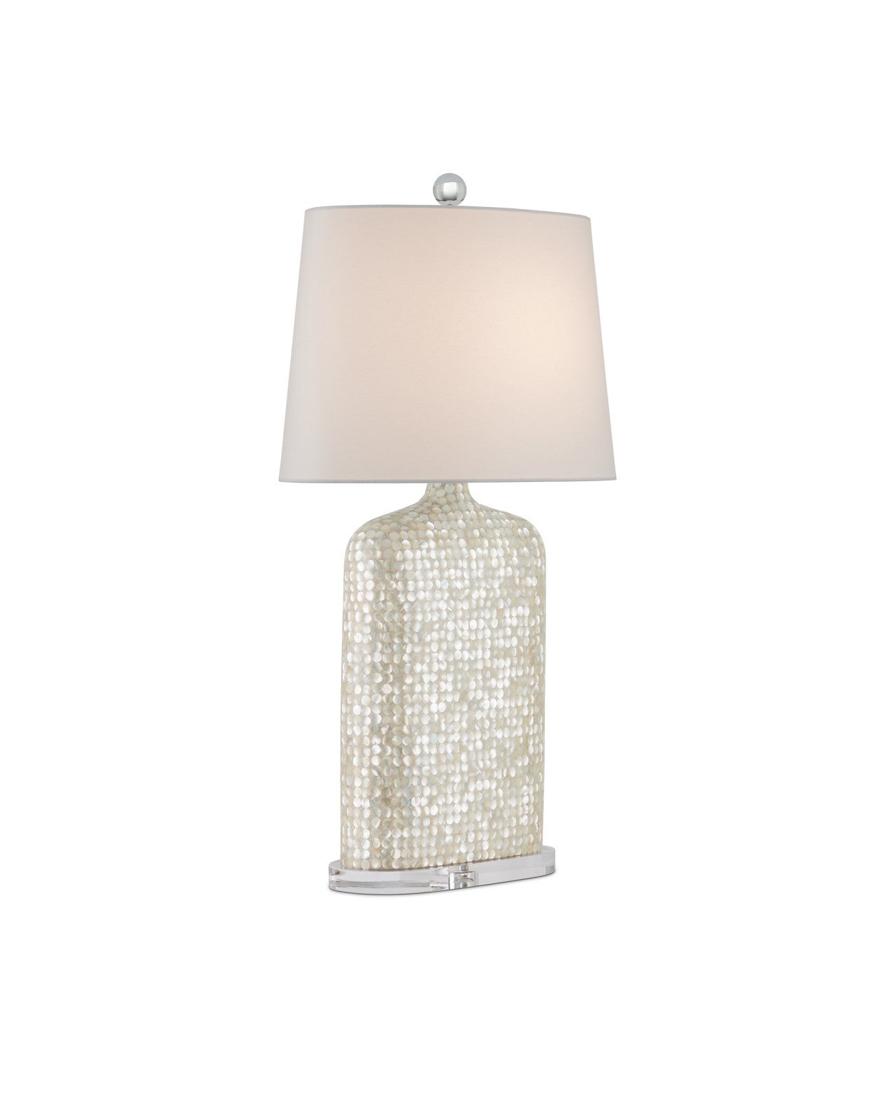 Front view of the Gerri Dot Table Lamp by Currey and Company, showing the intricate mother-of-pearl detailing.