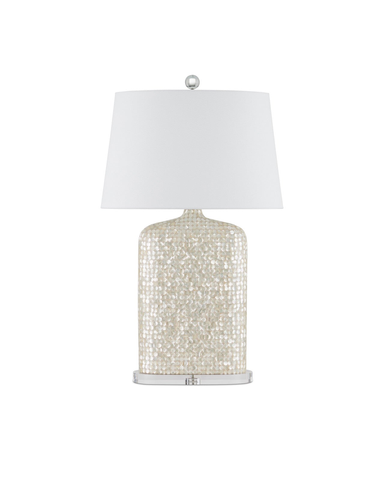 Full view of the Gerri Dot Table Lamp by Currey and Company, highlighting the mother-of-pearl body and acrylic base.