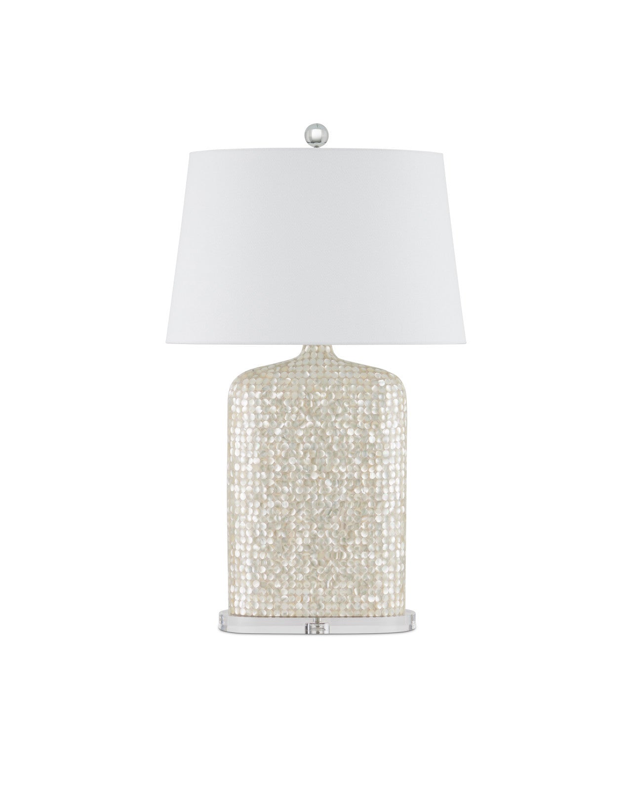 Full view of the Gerri Dot Table Lamp by Currey and Company, highlighting the mother-of-pearl body and acrylic base.