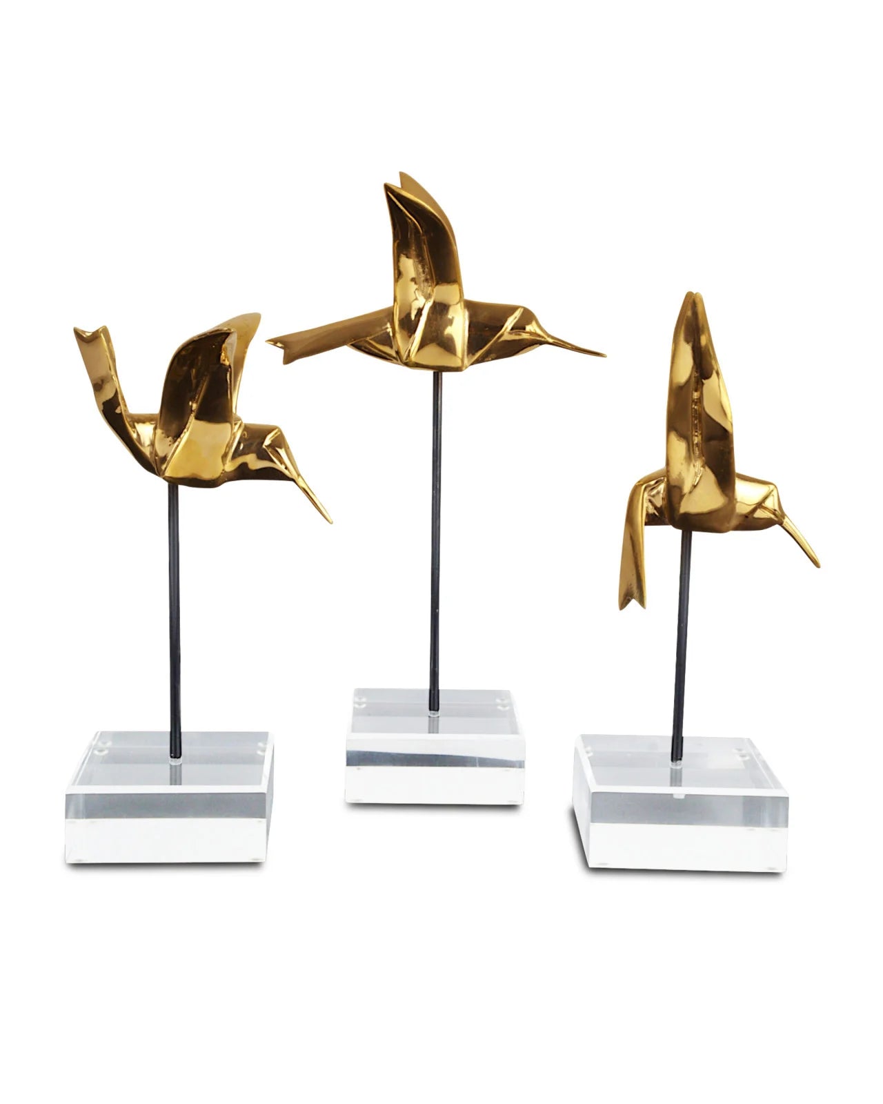 Full view of the Gold Hummingbirds Set of Sculptures by Currey and Company, highlighting the gold polish finish and acrylic bases.