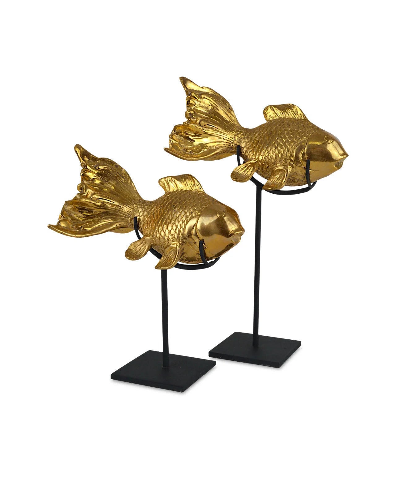 Goldfish Set of 2 sculptures by Currey and Company displayed on black stands, featuring bronze goldfish with a polished gold finish, perfect for adding a touch of elegance to modern home decor.