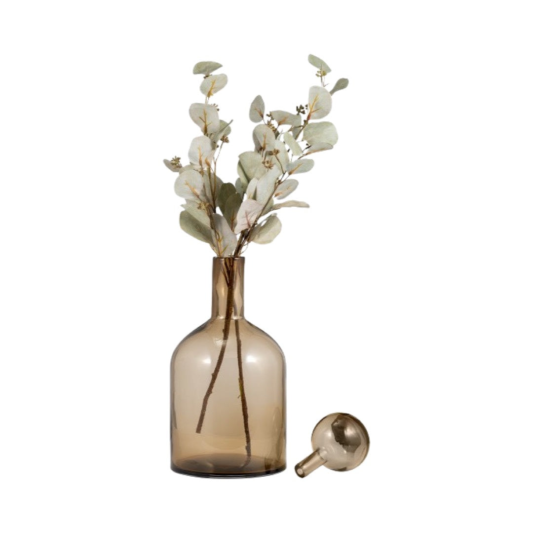 Glass Bottle w/ Stopper, Taupe, 17", Sagebrook Home with decorative eucalyptus leaves