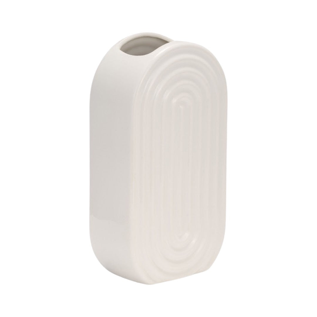 angled view of Ceramic Vase Oval Ridged, White, 11", Sagebrook home