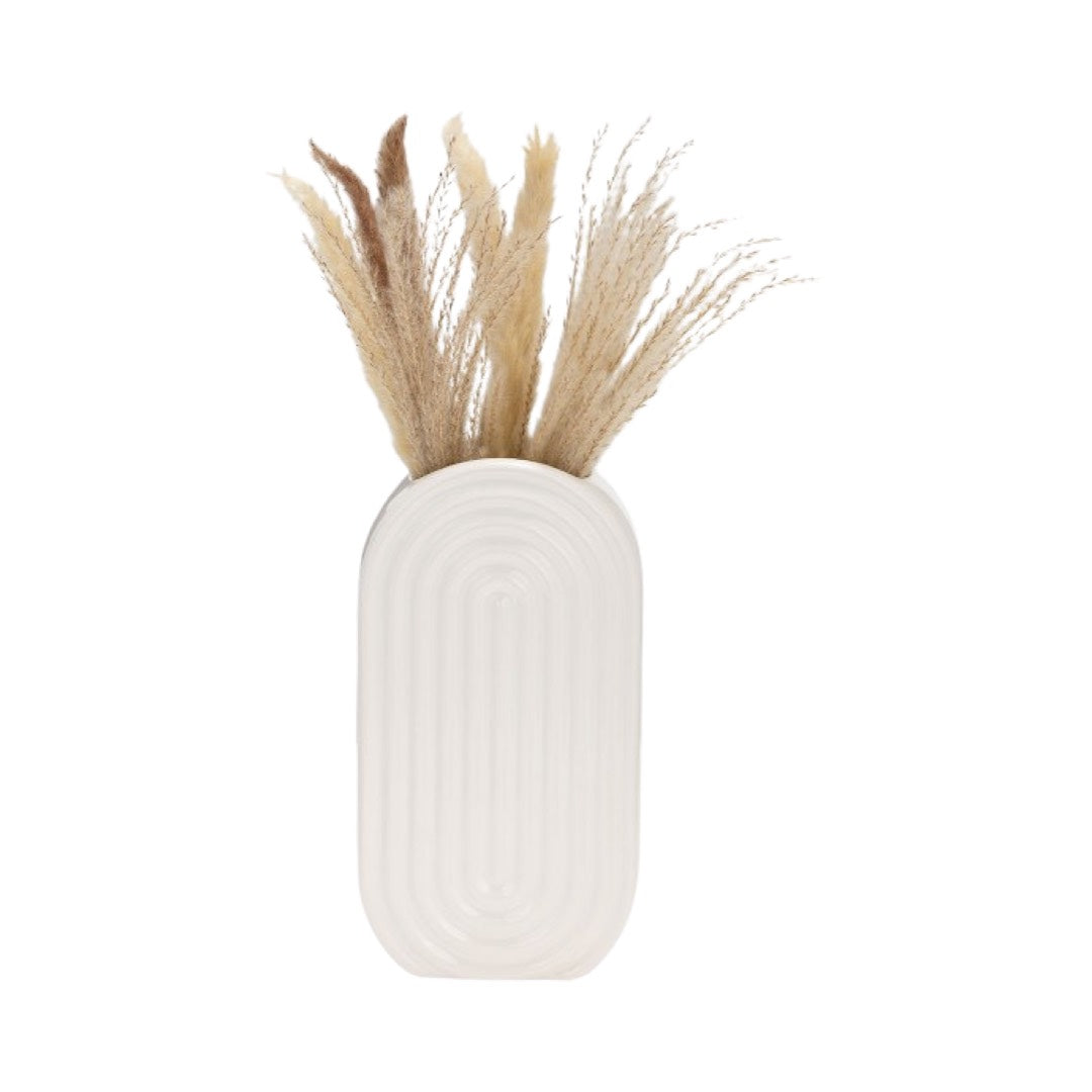 Ceramic Vase Oval Ridged, White, 11", Sagebrook home, with decorative saw grass