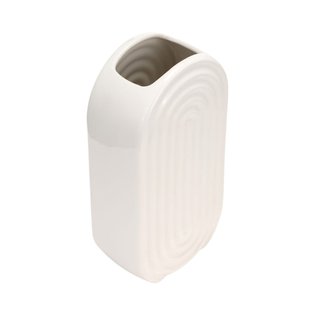 angled side view of Ceramic Vase Oval Ridged, White, 11