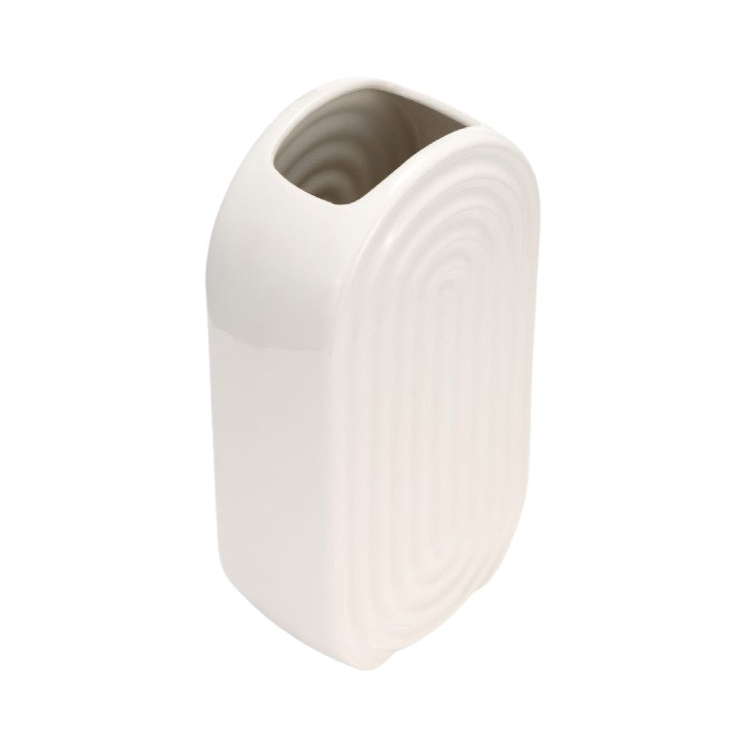 angled side view of Ceramic Vase Oval Ridged, White, 11", Sagebrook home