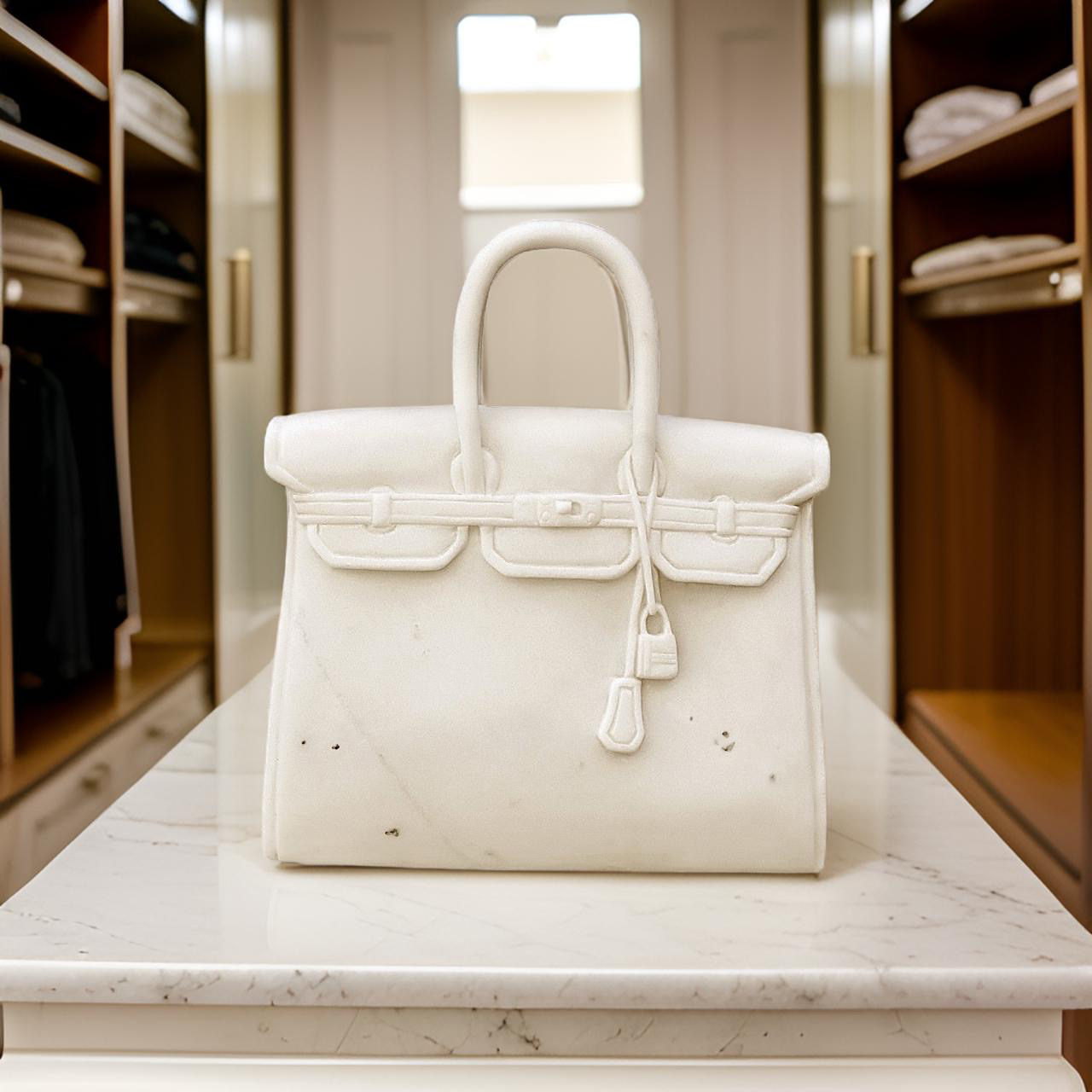 Marble Sculpture of The Princess by Currey and Company on ChicHomeVibes.com, showcasing a white marble replica Hermes Birkin Bag. This elegant piece emulates the iconic Hermes Birkin, capturing its distinctive style and luxury, perfect for chic home decor enthusiasts.  Showcased in a walk in closet on a marble countertop. 