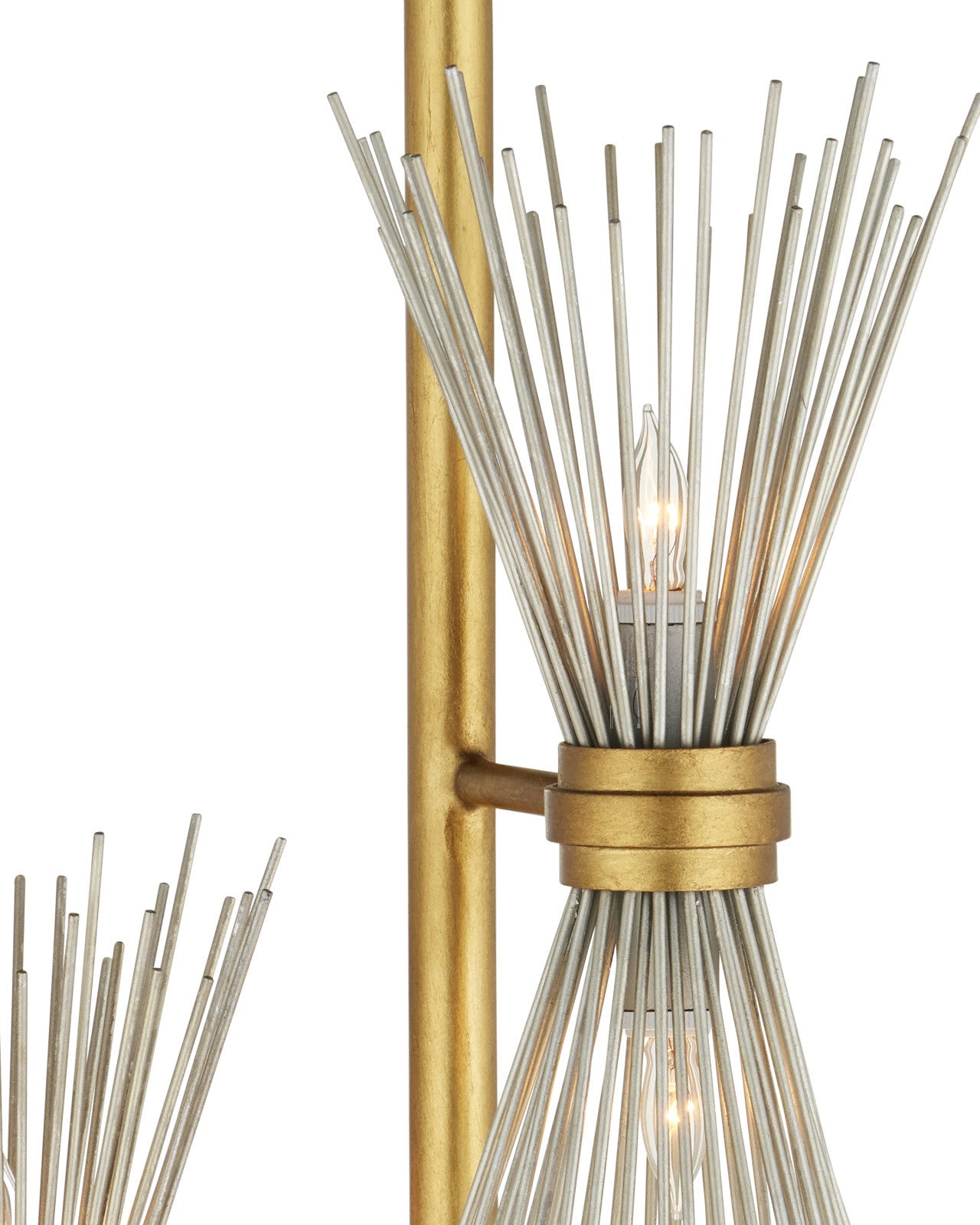 Close-up view of the Novatude Gold Floor Lamp showing the detailed rod and radiating spikes in antique gold and contemporary silver finishes.