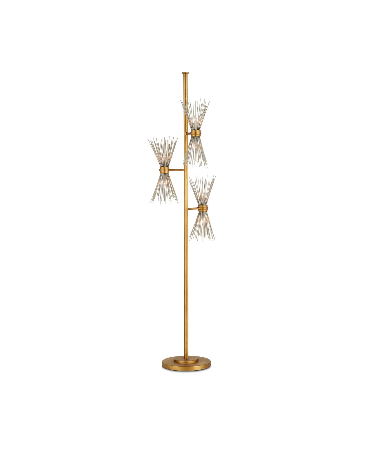 Full-length image of the Novatude Gold Floor Lamp, displaying its elegant dual-toned spikes and slender form on a simple circular base.