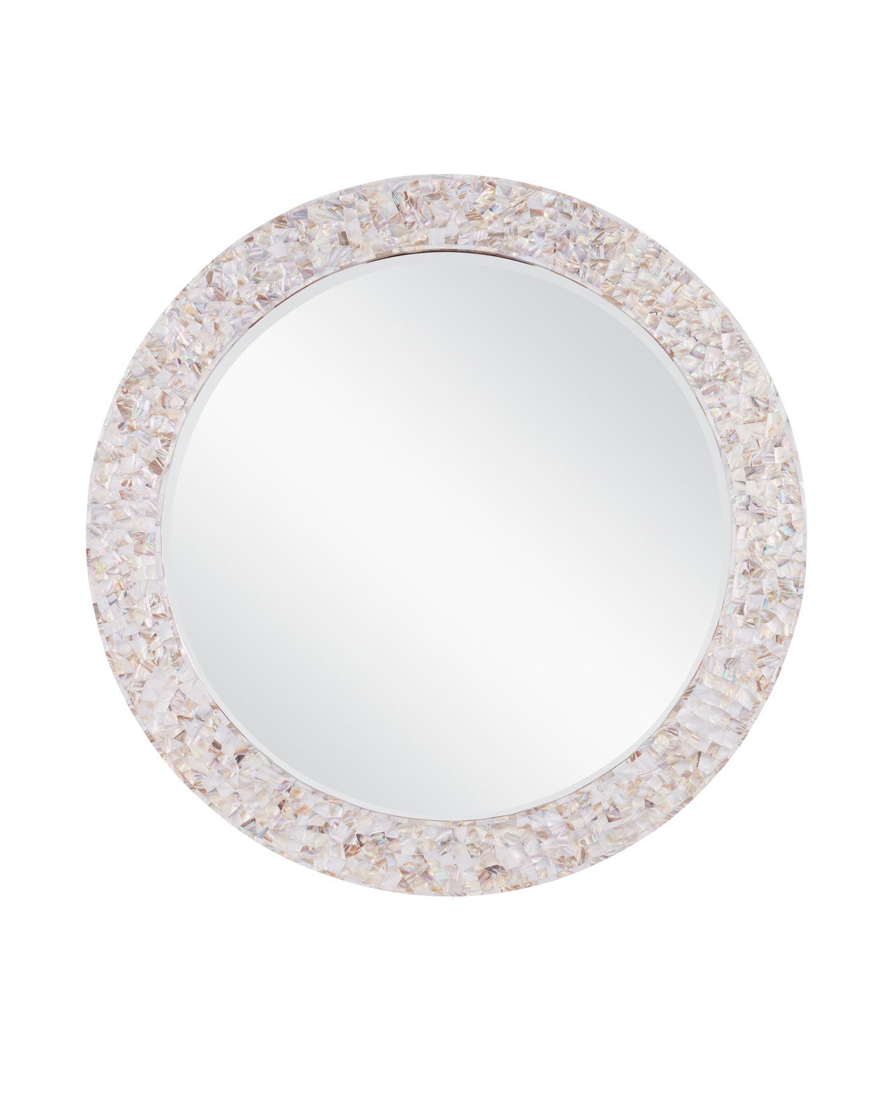 Full view of the Uma Mother of Pearl Mirror by Currey and Company, highlighting the round design and mother-of-pearl detailing.