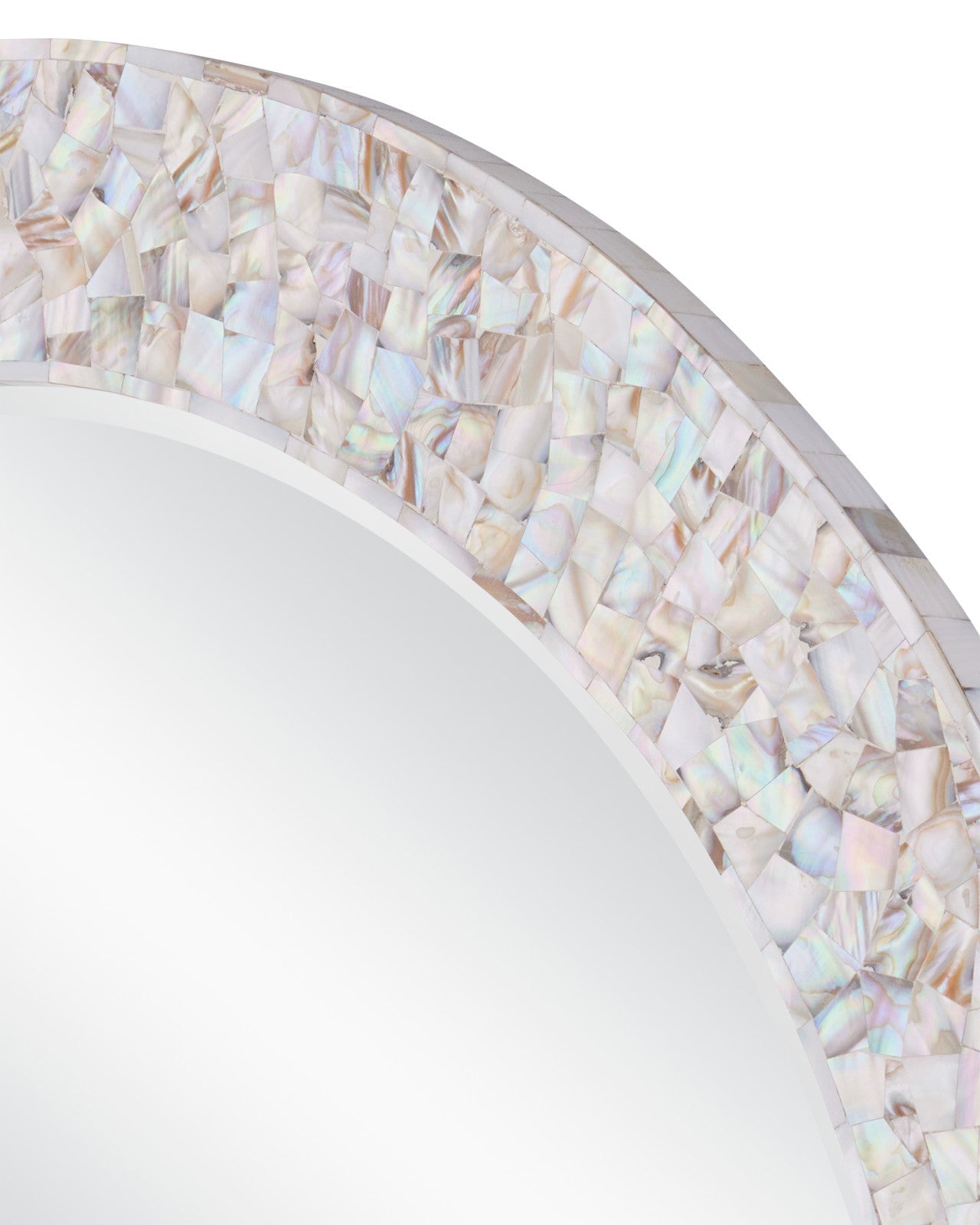 Close-up of the Uma Mother of Pearl Mirror by Currey and Company, showcasing the intricate mother-of-pearl frame.