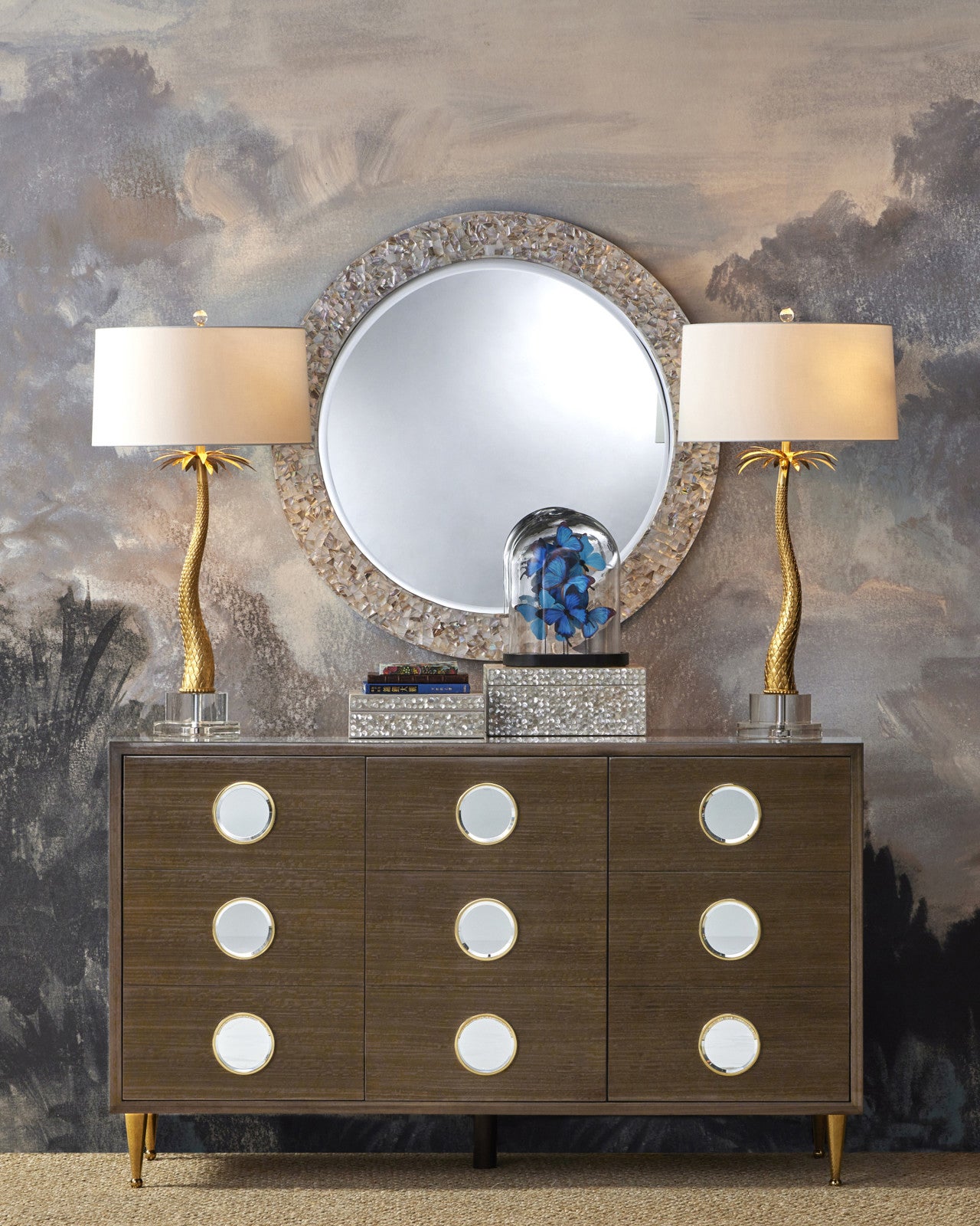 Uma Mother of Pearl Mirror by Currey and Company displayed in a stylish interior setting, enhancing the room's decor.