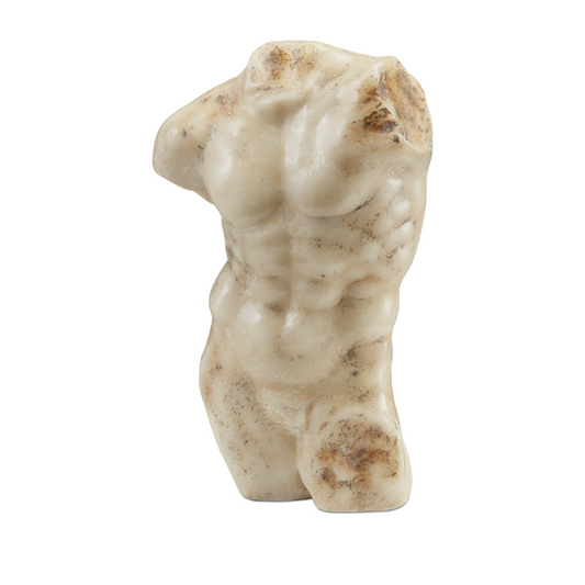 Ancient Greek Torso sculpture by Currey & Company, front view showing aged beige finish.