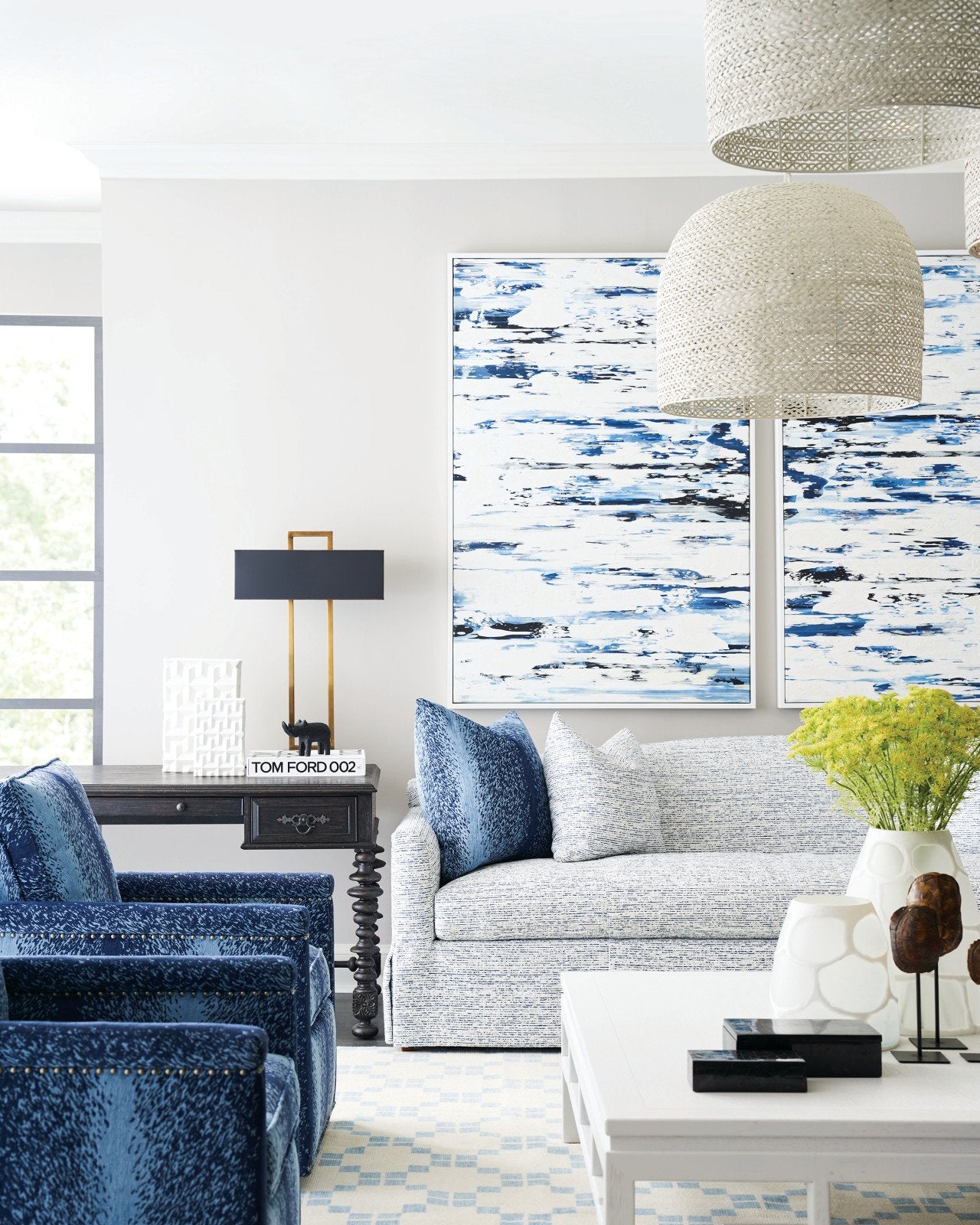 Piero Large White Chandelier in living room setting, Currey and Company 