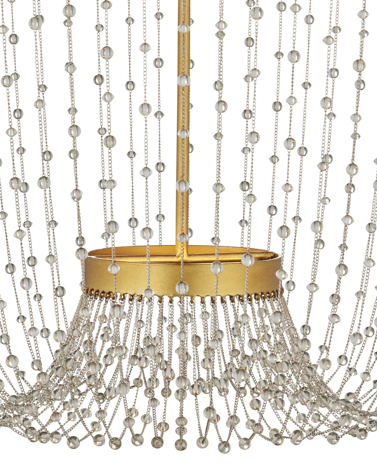 Detailed view of the lower tier showing the delicate glass beads and shimmering gold ring finish.