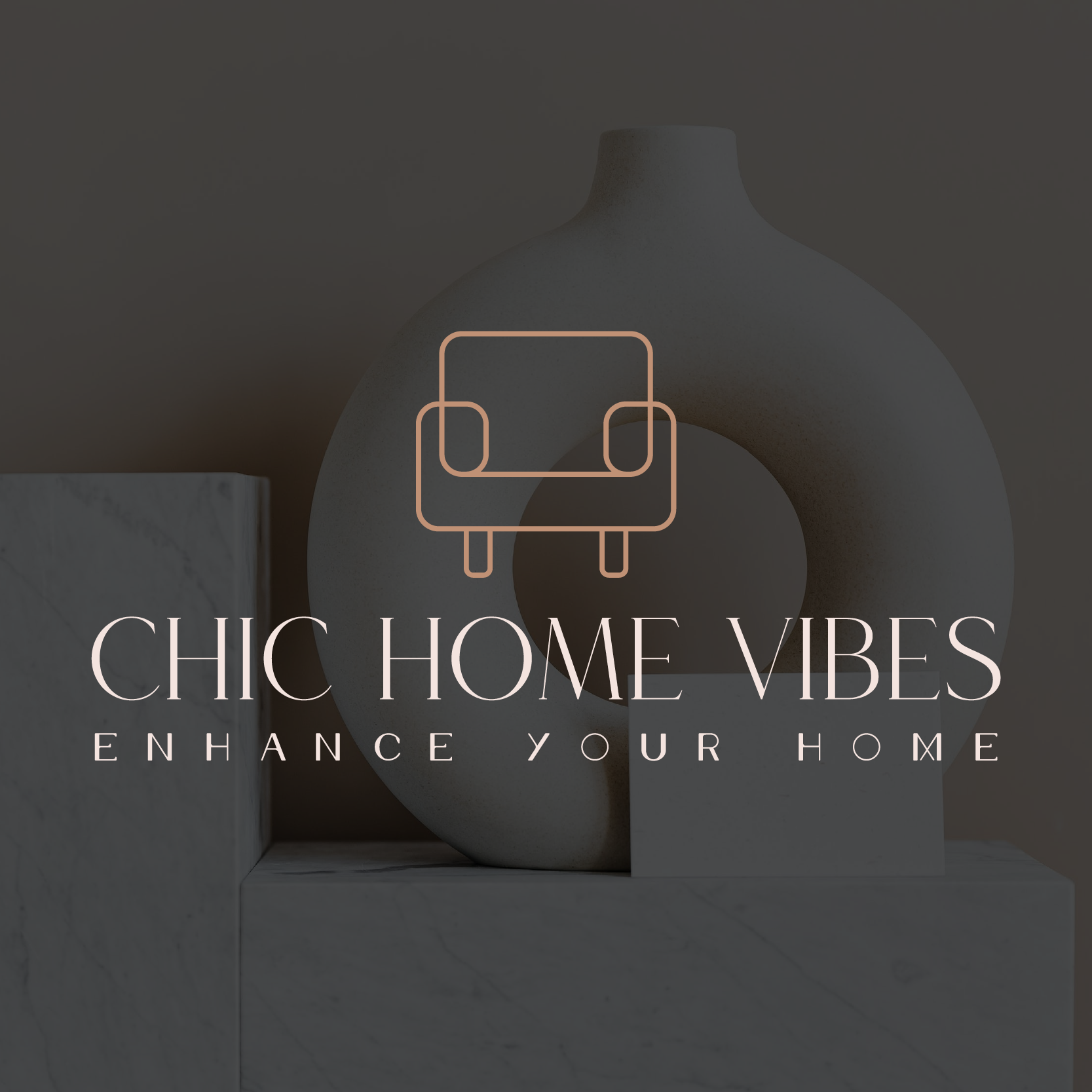 Chic Home Vibes Logo features a creme colored ceramic vase in the background with two marble ceramic blocks underneath and to the left side of it.  There is a tan colored couch above the words chic home vibes with a line that reads enhance your home. 