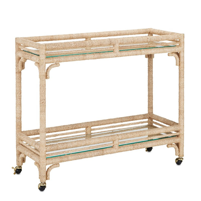Image of the Olisa Bar Cart by Currey & Company in Natural/Clear Finish, made of Abaca Rope, Wrought Iron, and Glass, featuring a Glass Top, Mirrored Shelves and Removable Tray for Easy Serving and Transportation, with Four Casters for Easy Maneuverability