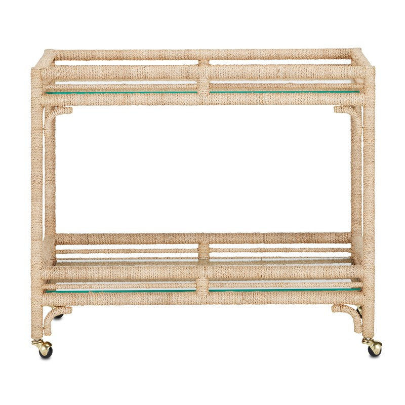 Image of the Olisa Bar Cart by Currey & Company in Natural/Clear Finish, made of Abaca Rope, Wrought Iron, and Glass, featuring a Glass Top, Mirrored Shelves and Removable Tray for Easy Serving and Transportation, with Four Casters for Easy Maneuverability