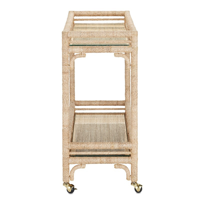 Side view of an Image of the Olisa Bar Cart by Currey & Company in Natural/Clear Finish, made of Abaca Rope, Wrought Iron, and Glass, featuring a Glass Top, Mirrored Shelves and Removable Tray for Easy Serving and Transportation, with Four Casters for Easy Maneuverability