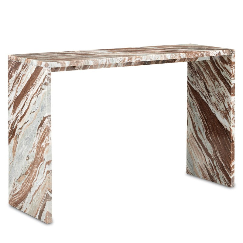 An elegant brown and tan marble console table crafted by Currey and Company. The smooth marble top features intricate swirling patterns in shades of brown and tan. The table is placed against a white background, complementing the sophisticated and timeless design.