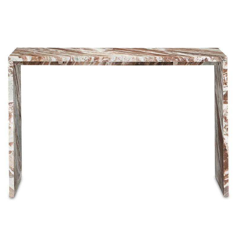 The front view of an elegant brown and tan marble console table crafted by Currey and Company. The smooth marble top features intricate swirling patterns in shades of brown and tan. The table is placed against a white background, complementing the sophisticated and timeless design.