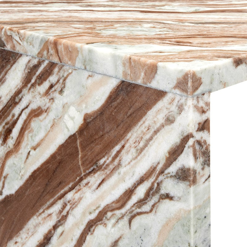 A close up of an elegant brown and tan marble console table crafted by Currey and Company. The smooth marble top features intricate swirling patterns in shades of brown and tan. The table is placed against a white background, complementing the sophisticated and timeless design.