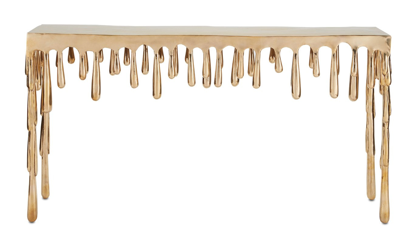 The Liquid Gold Console Table featuring a unique dripping gold design on the legs, resembling molten metal, against a solid tabletop, perfect as a luxurious gold coffee table in chic interiors.