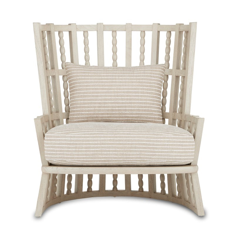 Front view Image of Currey & Company Norene Collection Wing Chair in Fog Gray Finish, made of Mindi Wood, Fabric and Foam with Overall Dimensions of 39.6"h x 35.2"w x 28.8"d and weighing 45lbs