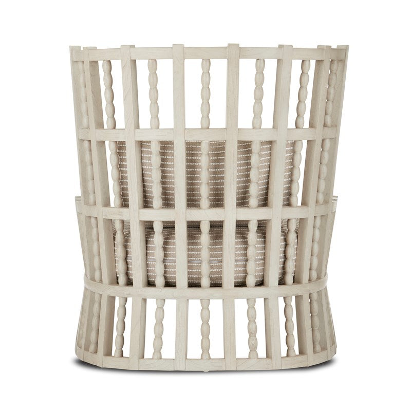 Back view Image of Currey & Company Norene Collection Wing Chair in Fog Gray Finish, made of Mindi Wood, Fabric and Foam with Overall Dimensions of 39.6"h x 35.2"w x 28.8"d and weighing 45lbs