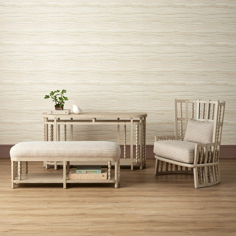 Image of Currey & Company Norene Collection Wing Chair, Console table, and bench in Fog Gray Finish, made of Mindi Wood, Fabric and Foam with Overall Dimensions of 39.6"h x 35.2"w x 28.8"d and weighing 45lbs