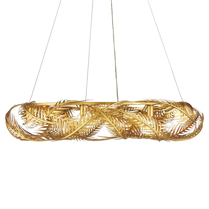 An image of the Queenbee palm Ring Chandelier in gold made of wrought iron.