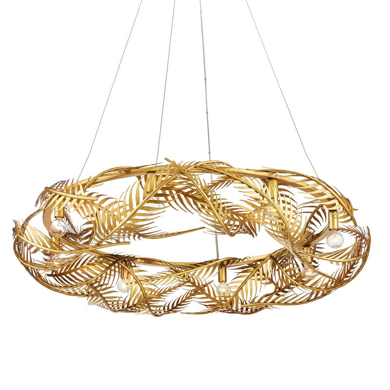 An image of the Queenbee palm Ring Chandelier in gold made of wrought iron.