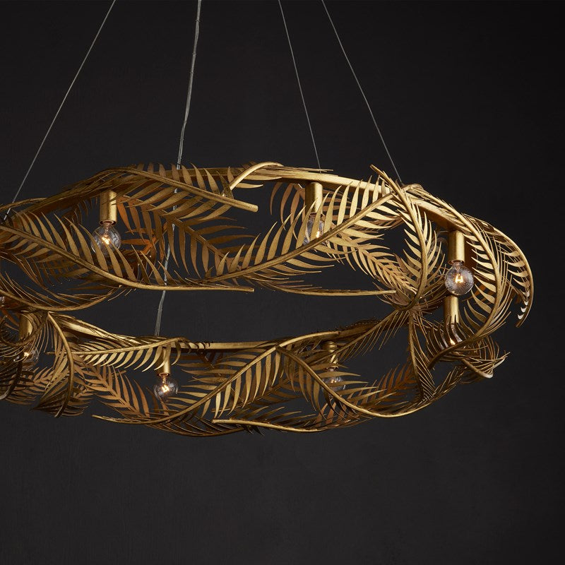 An image of theGold Chandelier in gold made of wrought iron with a black background.