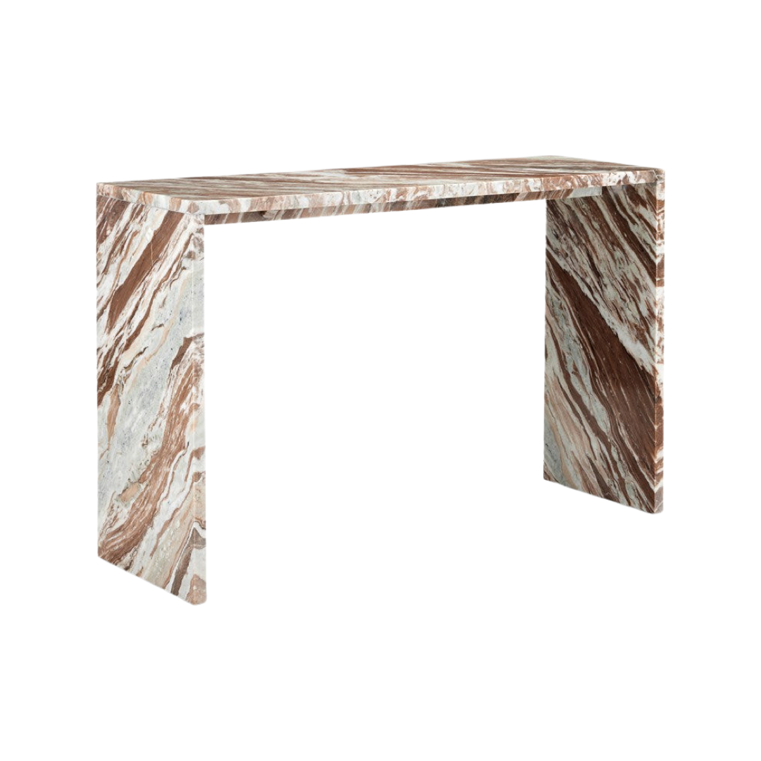 An elegant brown and tan marble console table crafted by Currey and Company. The smooth marble top features intricate swirling patterns in shades of brown and tan. The table is placed against a white background, complementing the sophisticated and timeless design.